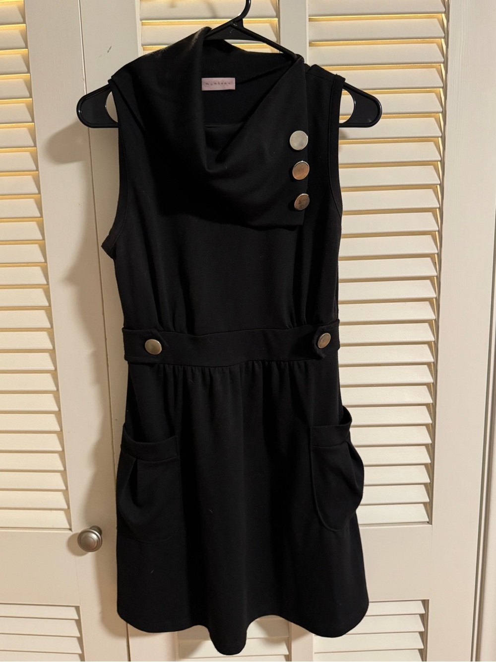 Monteau Black Sleeveless Dress with Decorative Metallic Buttons